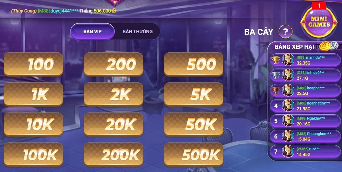 Các mức cược trong game ba cây 88vin