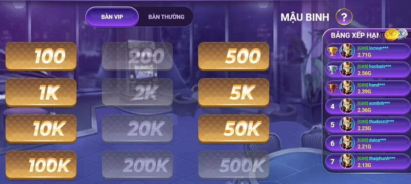 Các mức cược bàn chơi Mậu Binh tại 88vin từ bàn thường đến bàn VIP
