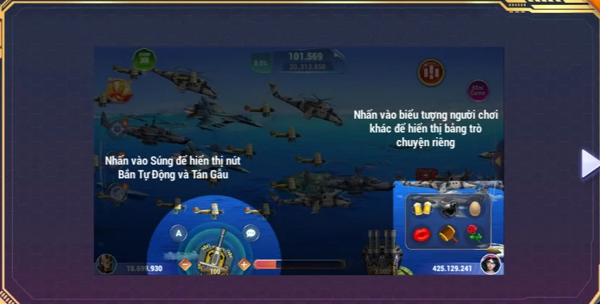 Hướng dẫn trong game: nhấn vào súng để bật bắn tự động và tăng cầu; nhấn vào người chơi để chat riêng