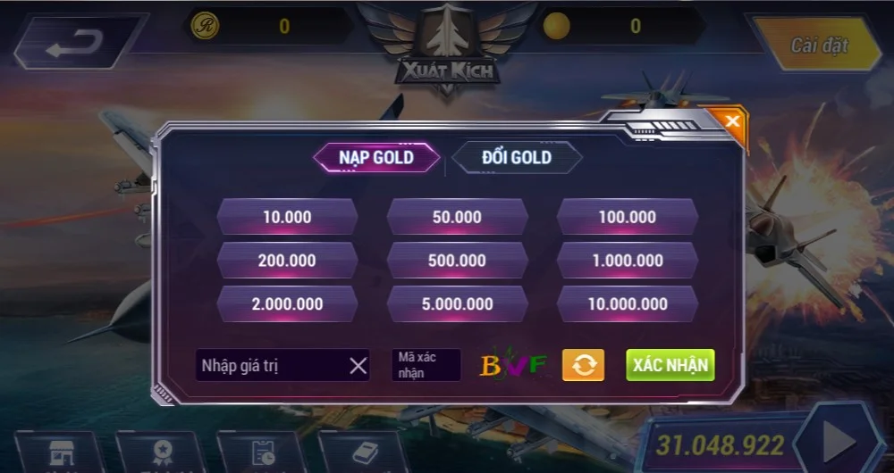 Giao diện nạp Gold và đổi Gold trong Xuất Kích tại 88vin